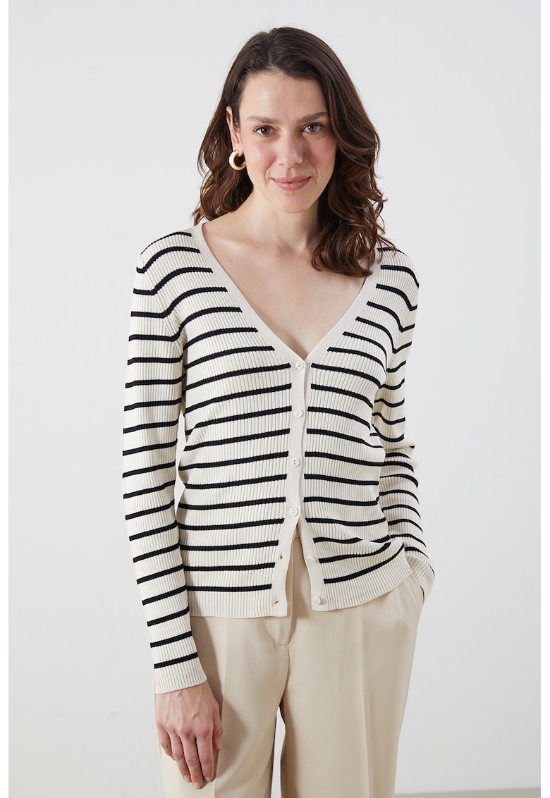 Oferte la Cardigan cu dungi si decolteu in V - Alb