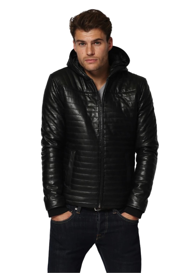Oferte la Geaca pentru barbati  cu gluga - matlasata - cu piele naturala - negru - Negru