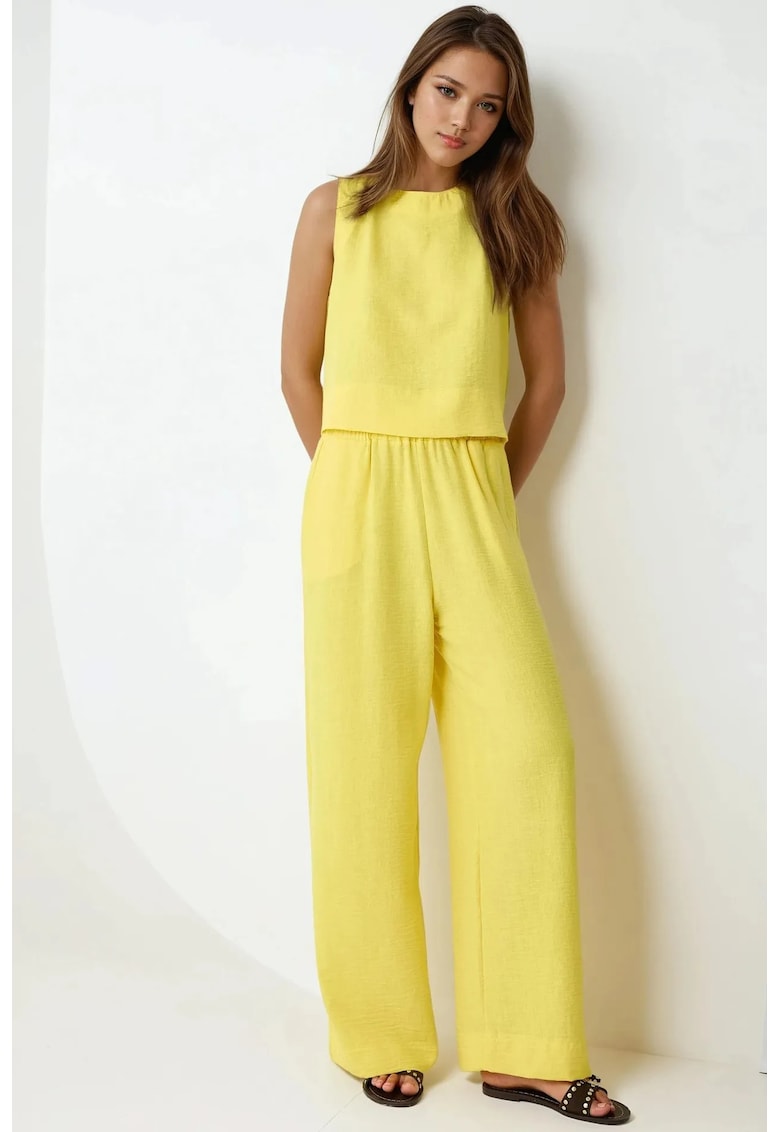 Oferte la Compleu dama -  bluza si pantaloni cu talie elastica - galben - poliester