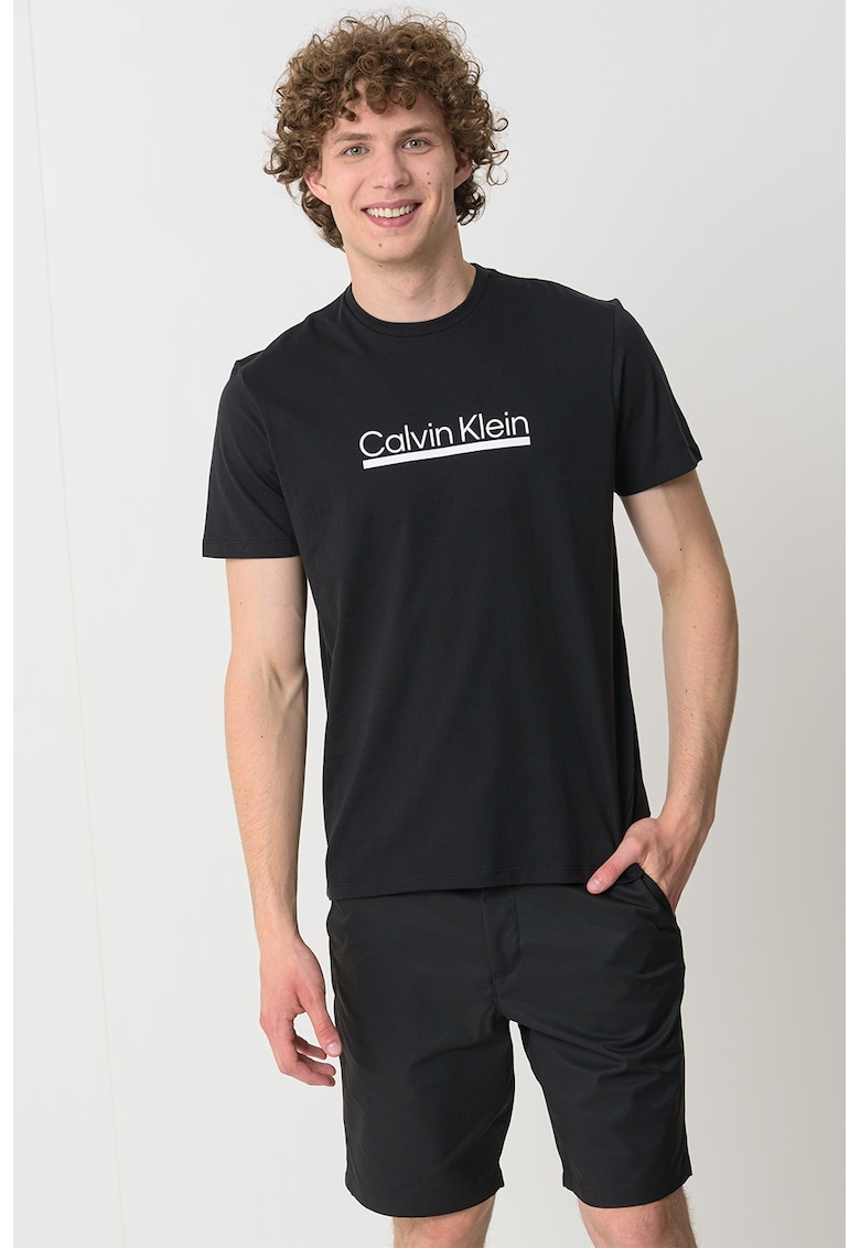Tricou cu decolteu la baza gatului si imprimeu logo - Alb/Negru