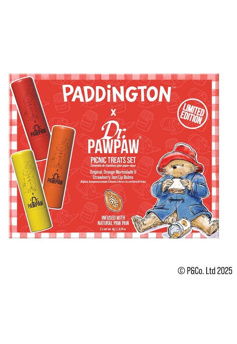 Oferte la Set 3 balsamuri de buze Paddington™ Paddington Picnic Treats - aroma Orange Marmalade + Original Balm + Strawberry Jam -  3 x 4 g