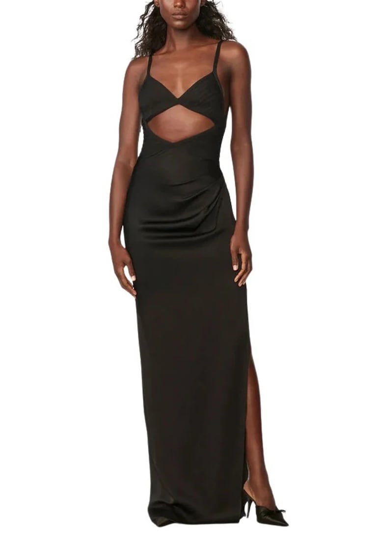 Oferte la Rochie de ocazie cu bustiera din bandaj iconic si fusta din matase drapata cu crapatura laterala - Negru