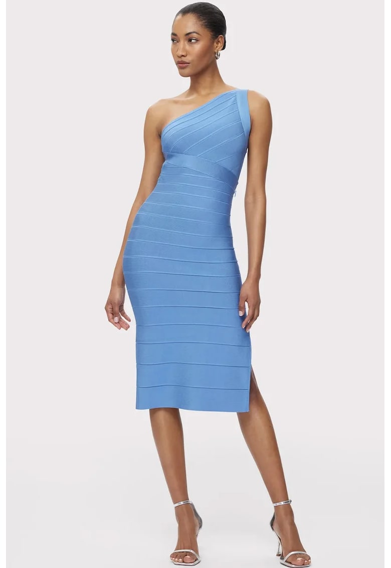 Oferte la Rochie midi cu umarul gol si efect de sculptare a siluetei - Albastru