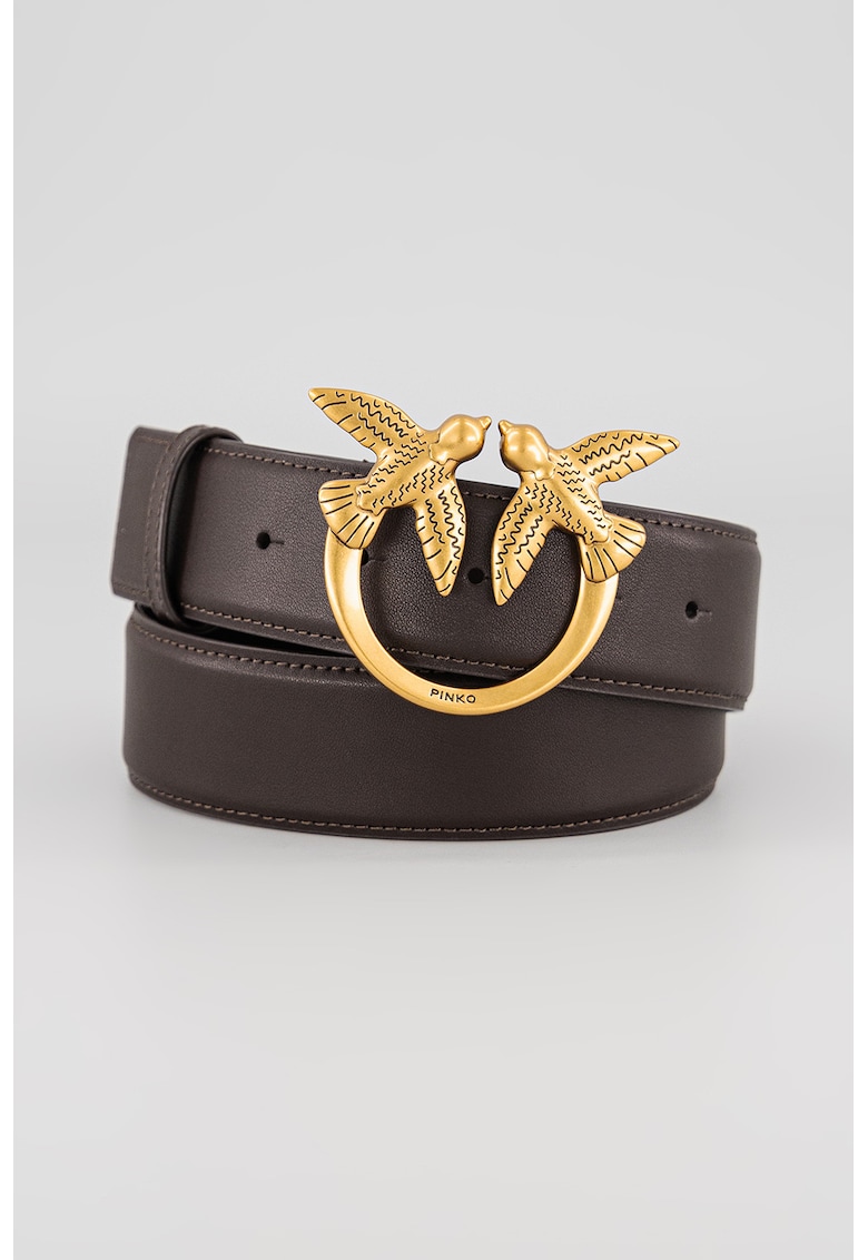 Oferte la Curea de piele cu catarama metalica Love Birds - Maro inchis