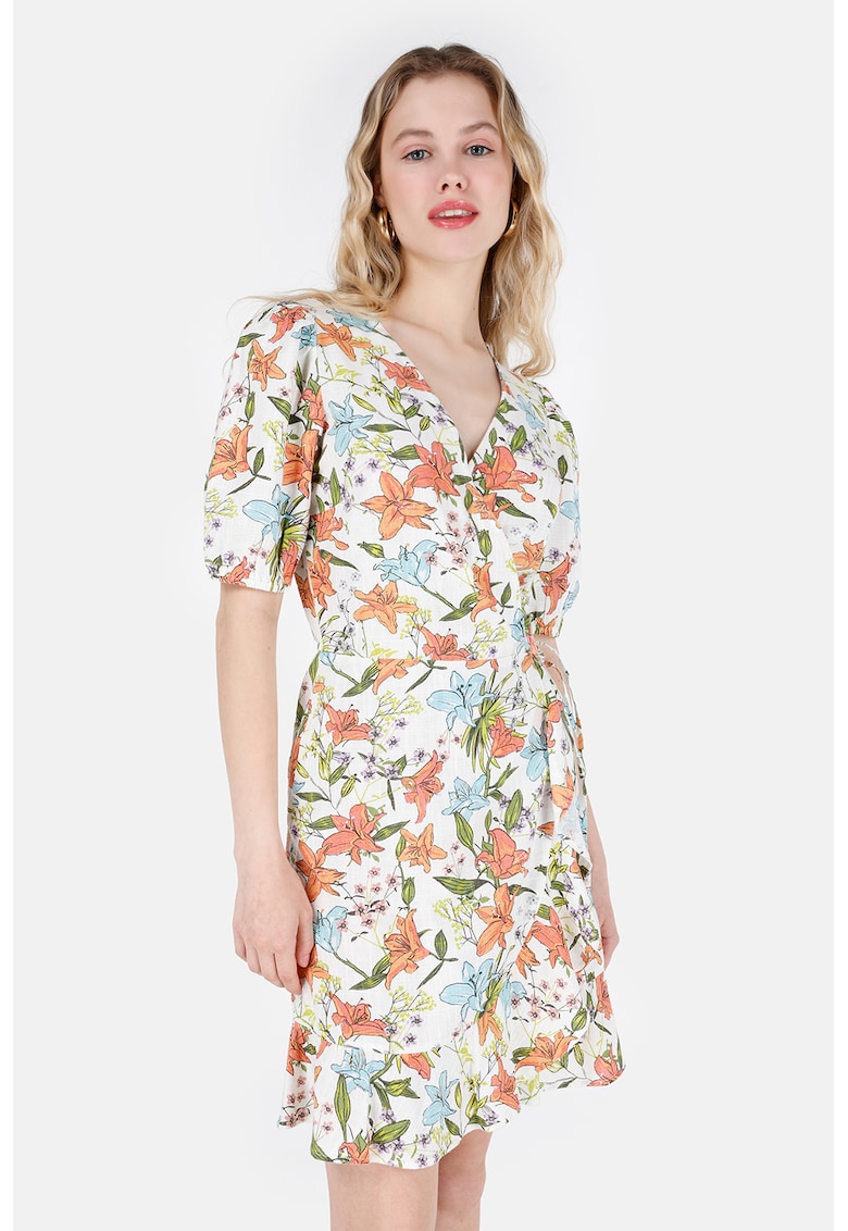Oferte la Rochie din amestec de in cu model floral - Alb/Portocaliu/Albastru