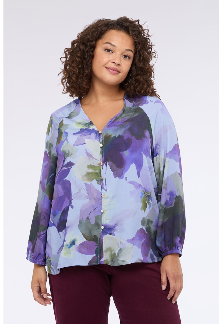 Oferte la Camasa cu mansete elastice si model floral - Albastru lavanda/Kaki inchis/Ametist
