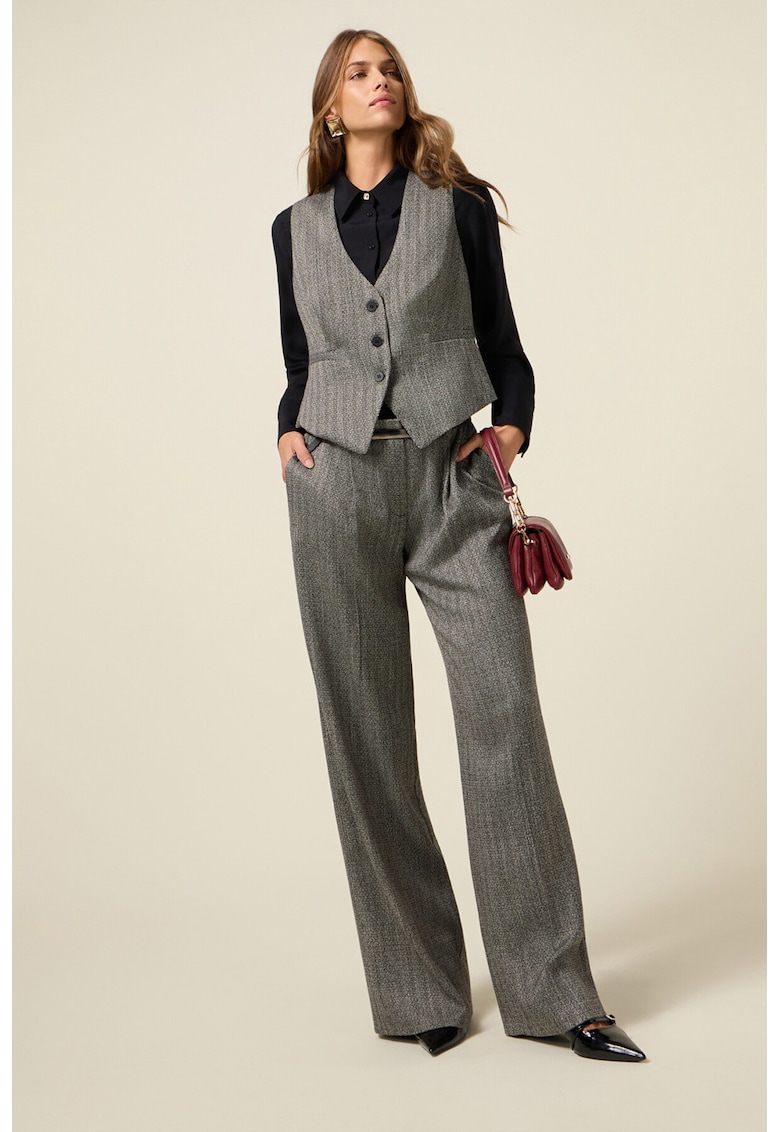 Oferte la Pantaloni cu croiala ampla si model Herringbone - Negru/Alb murdar
