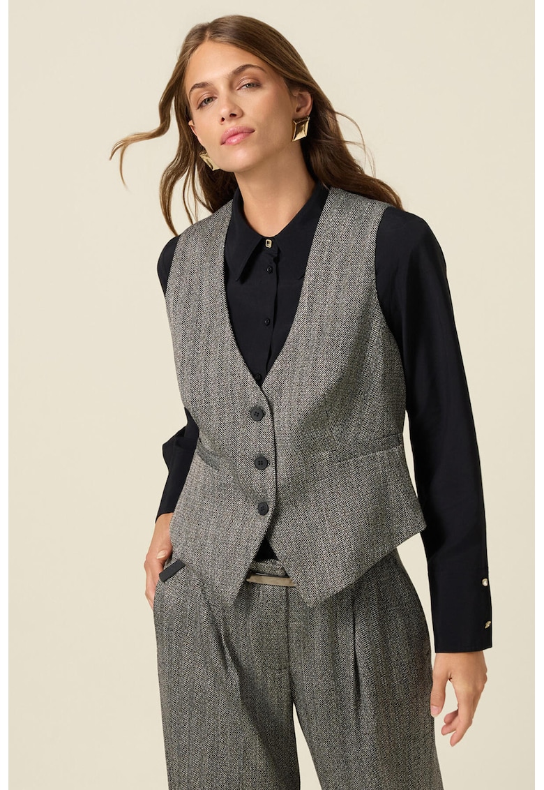 Oferte la Vesta cu decolteu in V si model herringbone - Negru/Alb murdar