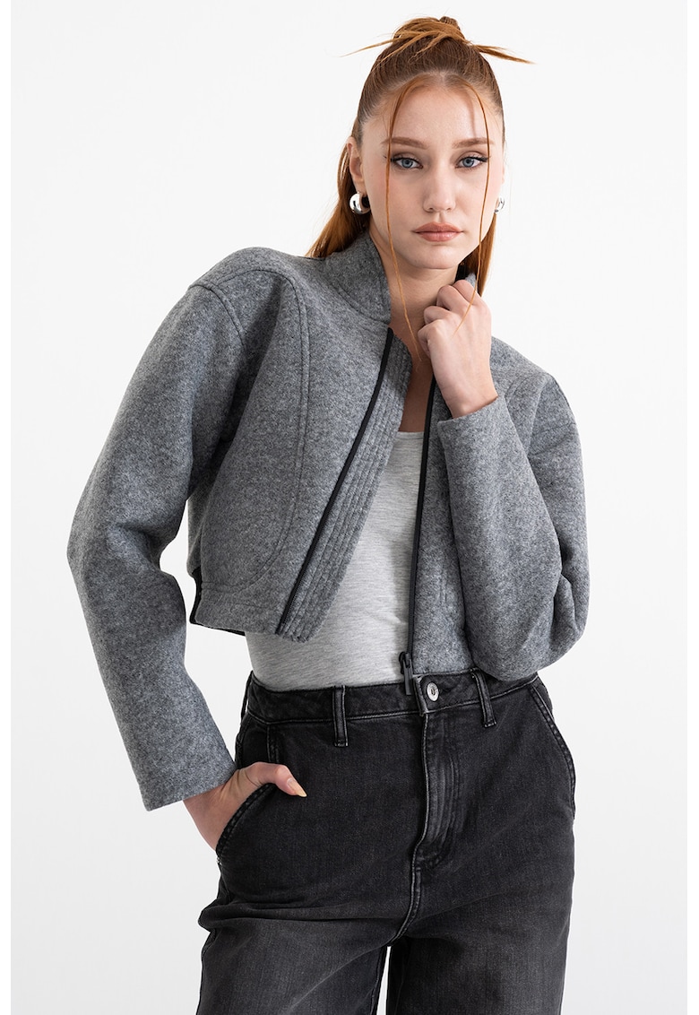 Oferte la Jacheta crop din amestec de lana - Gri