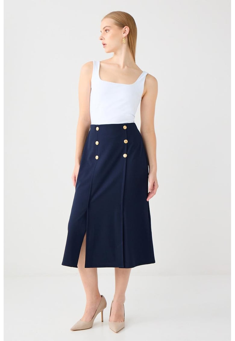 Oferte la Fusta midi cu croiala dreapta si slituri frontale - Bleumarin