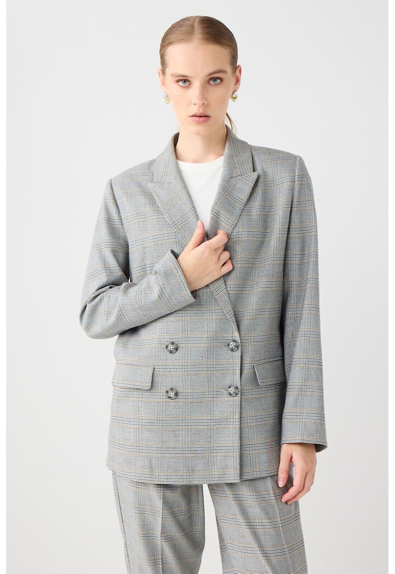 Oferte la Sacou cu doua randuri de nasturi si model in carouri - Alb/Gri inchis