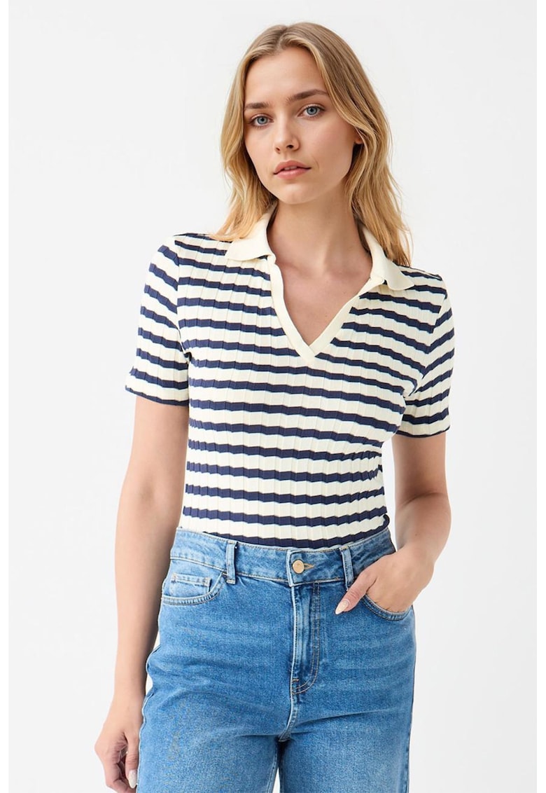Oferte la Bluza polo din tricot - Alb fildes/Bleumarin