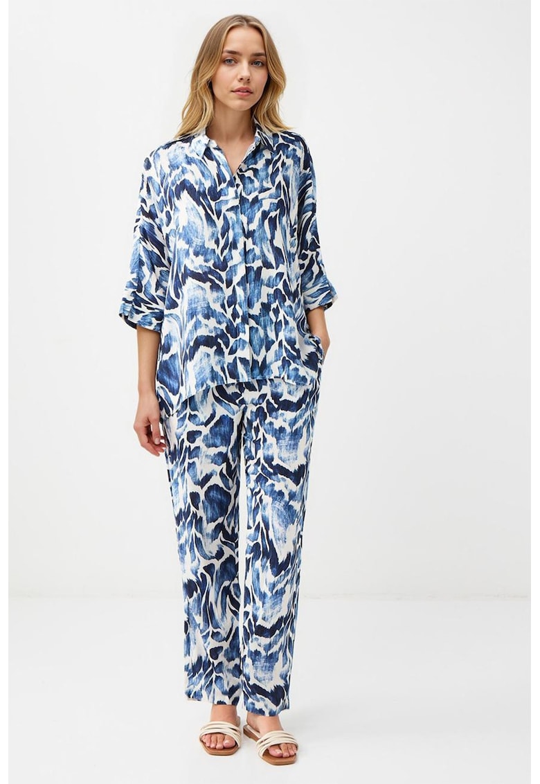 Oferte la Pantaloni lejeri cu talie inalta si imprimeu - Alb/Bleumarin