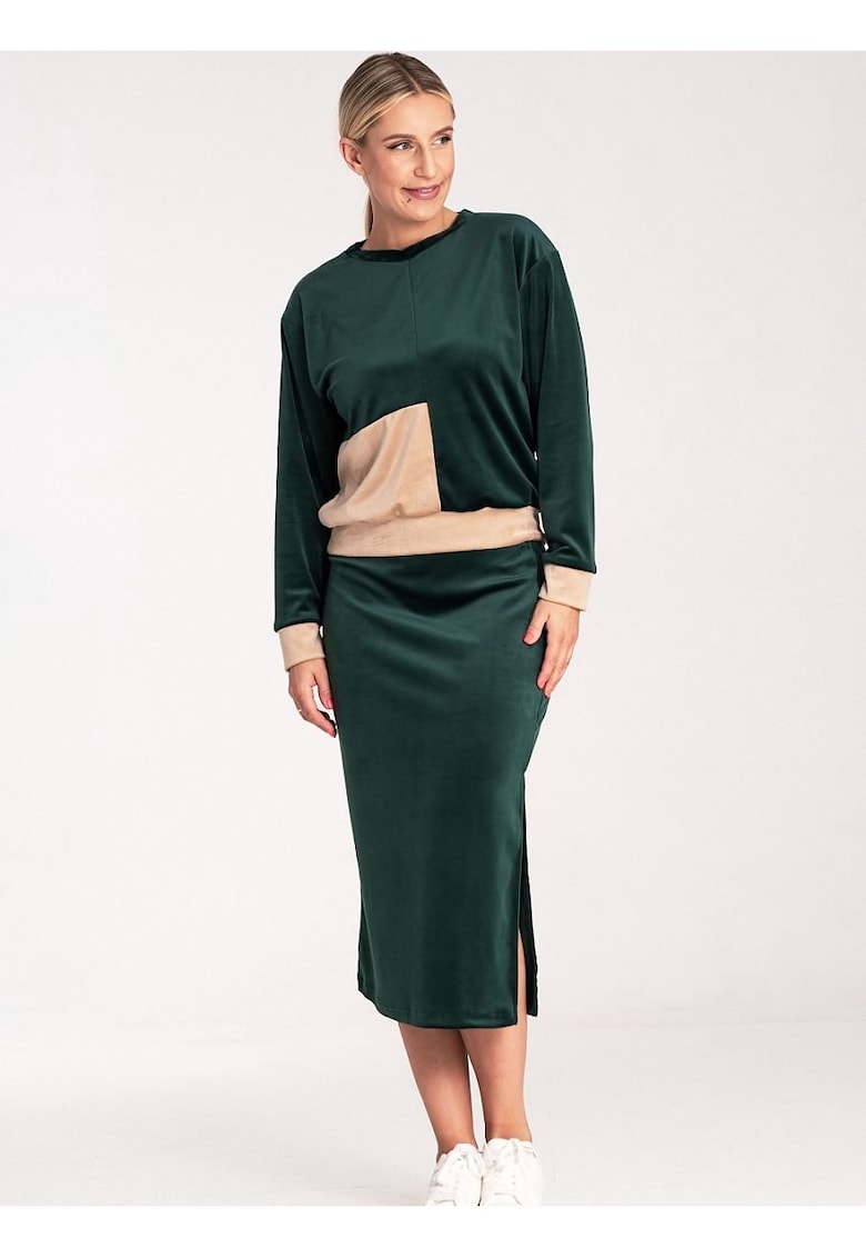 Oferte la Set velur  bluza cu maneci lungi si fusta creion - verde - poliester - Verde