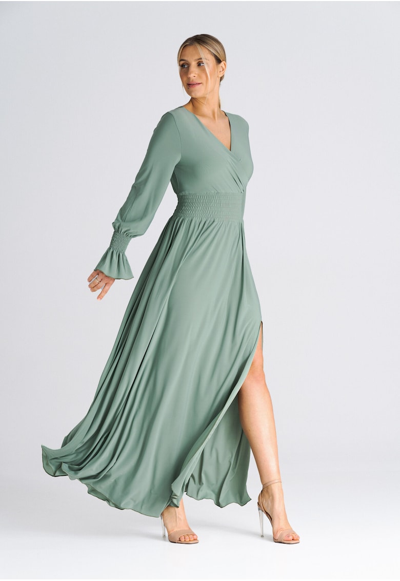 Oferte la Rochie maxi  decolteu in V - talie elastica - verde - poliester 95% - elastan 5 - Verde