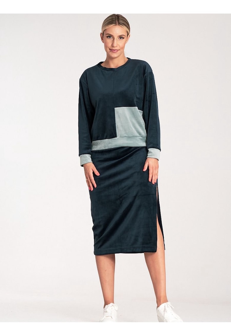 Oferte la Set  bluza bicolor cu maneci lungi - fusta creion cu fanta - Bleumarin