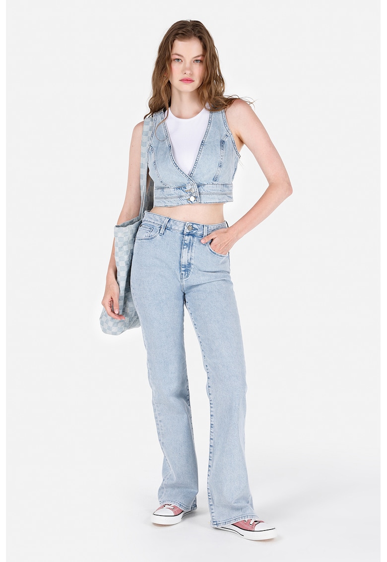 Oferte la Blugi cu talie inalta si aspect decolorat - Albastru deschis