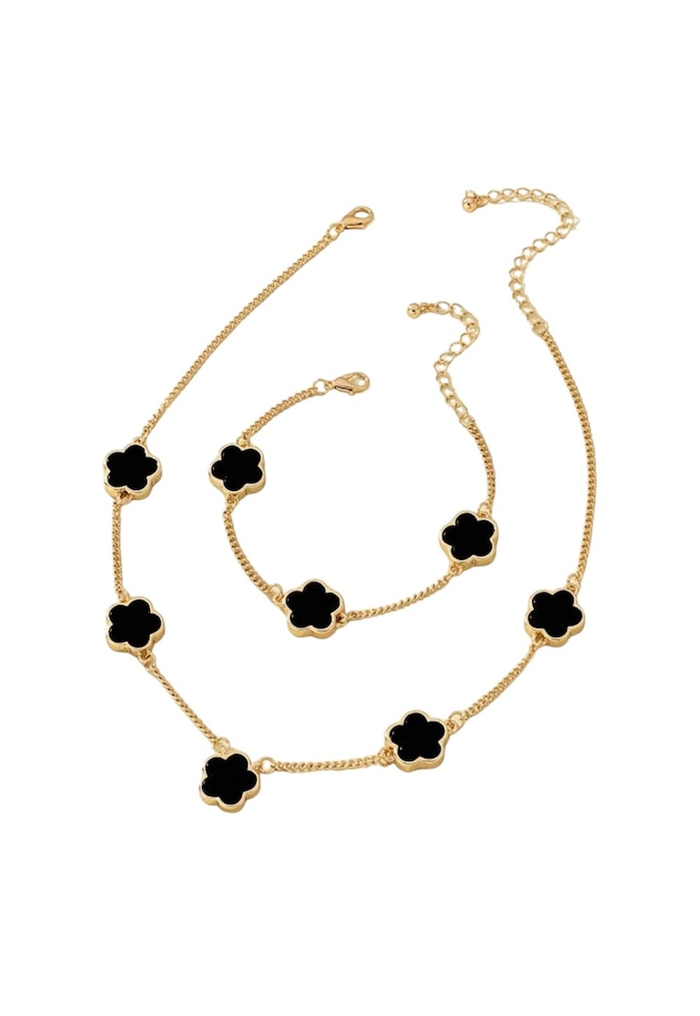Set colier - cercei si bratara - auriu - cu pandantive flori negre - Nickie C15