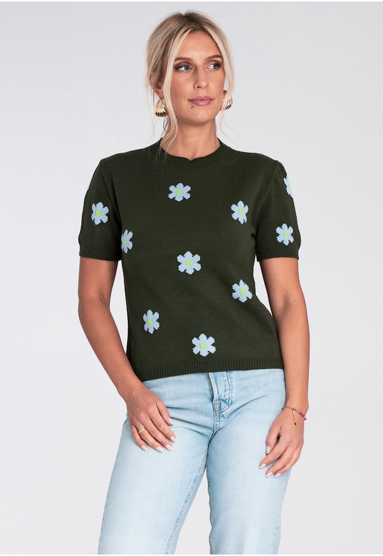 Oferte la Pulover dama -  verde - cu maneca scurta - model floral roz - tricotaj viscoza