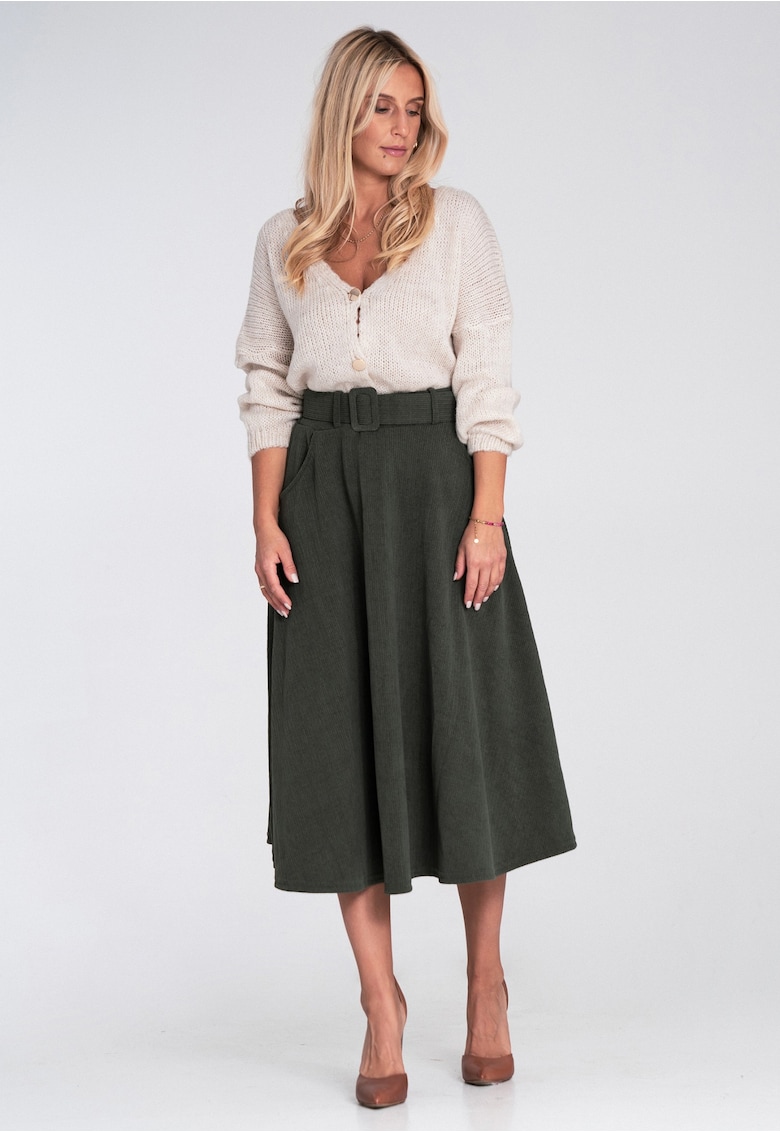 Oferte la Fusta midi  verde intens - evazata - cu curea - material sintetic - M
