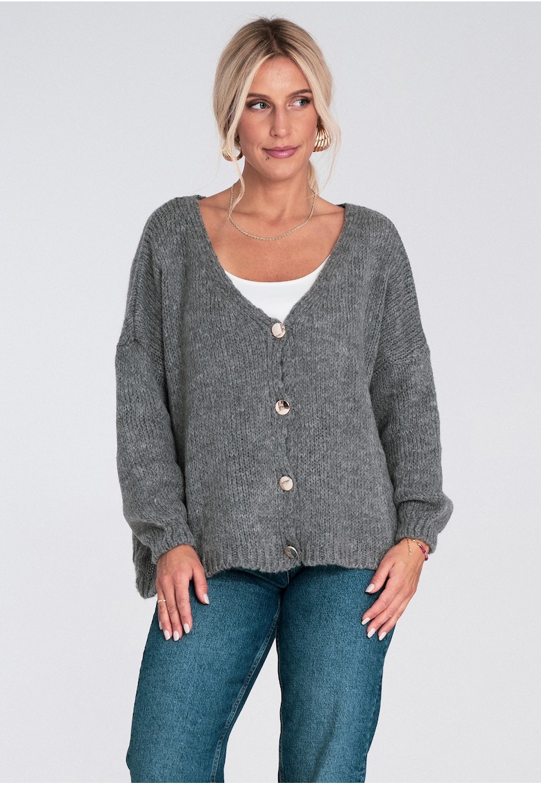 Oferte la Cardigan  gri - tricotat - cu nasturi - croiala lejera - pentru ocazii casual