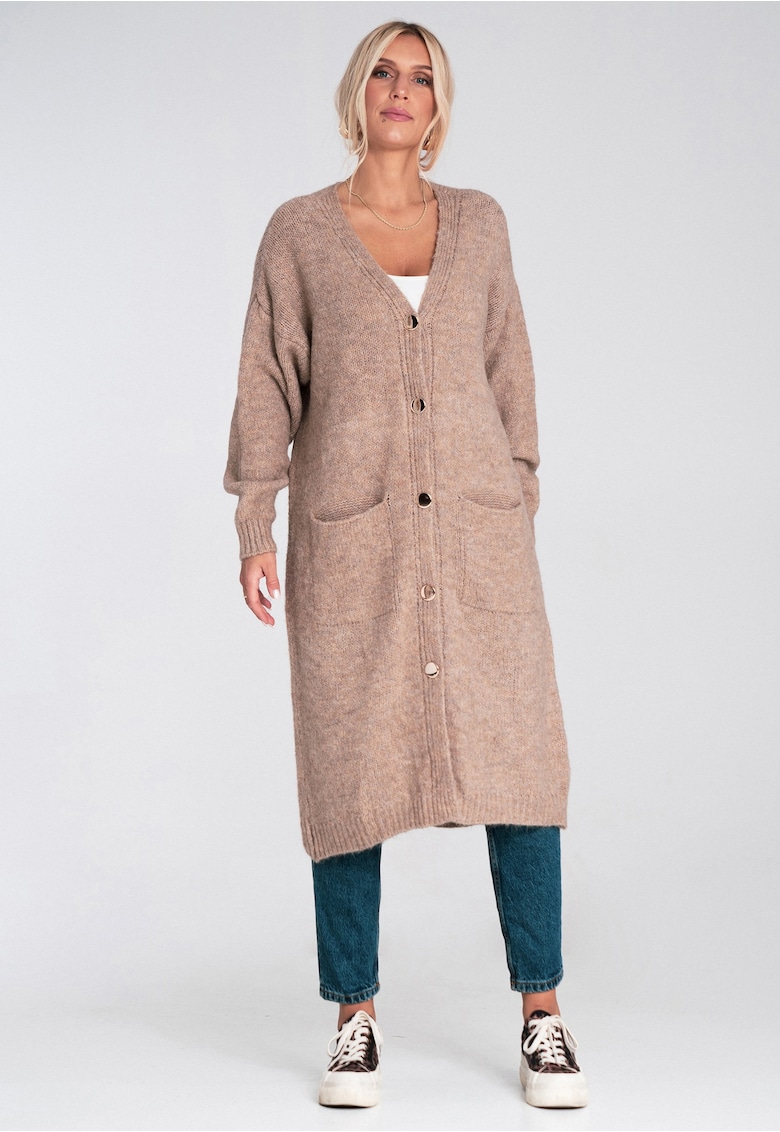 Oferte la Cardigan lung  maro - tricotat - cu nasturi - croi lejer - buzunare - acril poliester