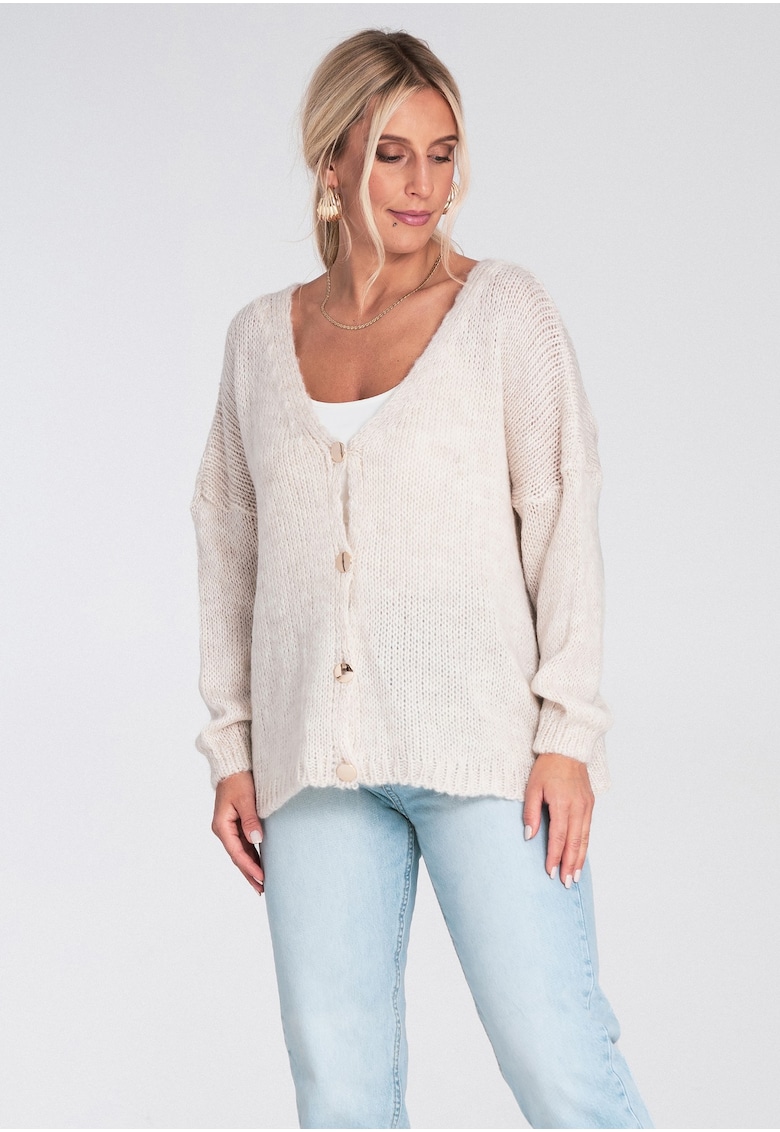 Oferte la Cardigan scurt dama -  pulover cu nasturi decorativi - bej - material tricotat - poliester