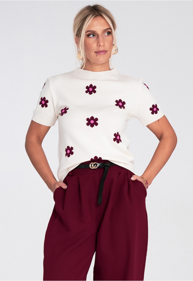 Oferte la Pulover dama -  ecru - cu maneci scurte - model floral roz - material tricotaj sintetic