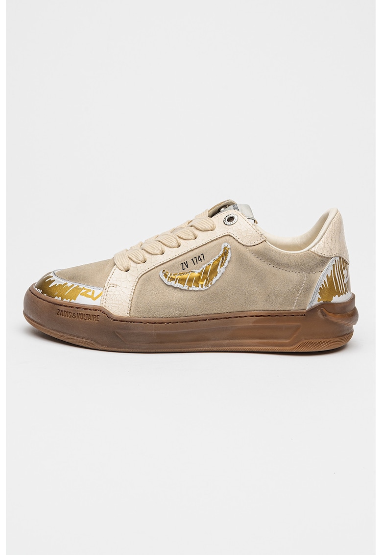 Oferte la Pantofi sport din piele si piele intoarsa cu detalii contrastante - Gri cenusiu/Bej deschis