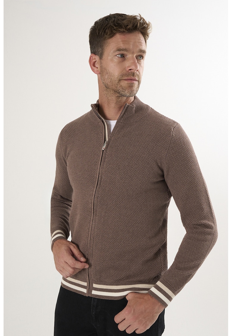 Oferte la Cardigan tricotat cu terminatii cu dungi - Maro