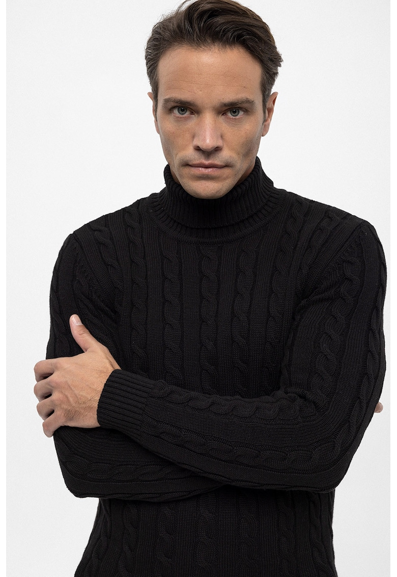 Oferte la Pulover cu guler inalt si model torsade - Negru