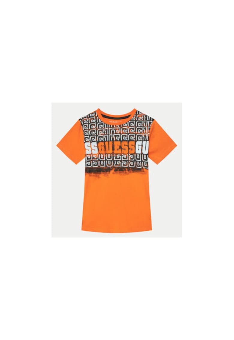 Oferte la Tricou bumbac cu imprimeu logo si decolteu la baza gatului - Portocaliu mandarina