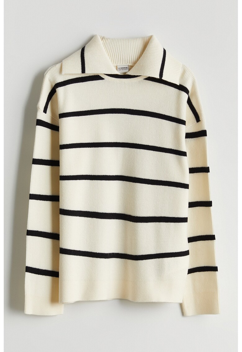 Oferte la Bluza polo cu model in dungi - Alb fildes/Negru