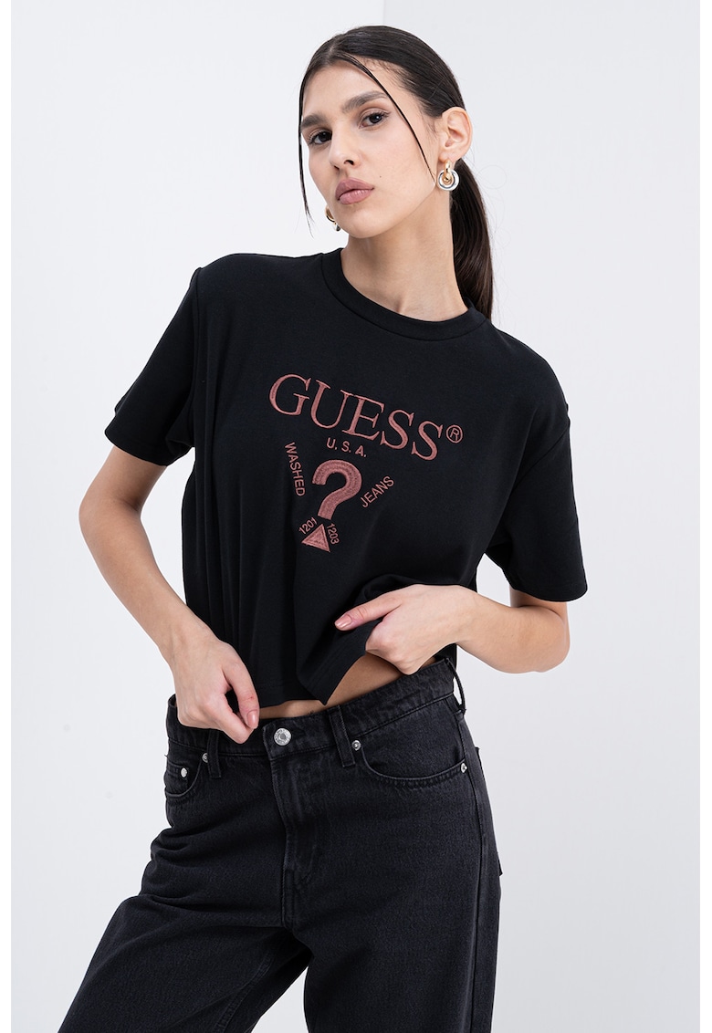 Oferte la Tricou crop cu logo brodat - Maro inchis/Negru