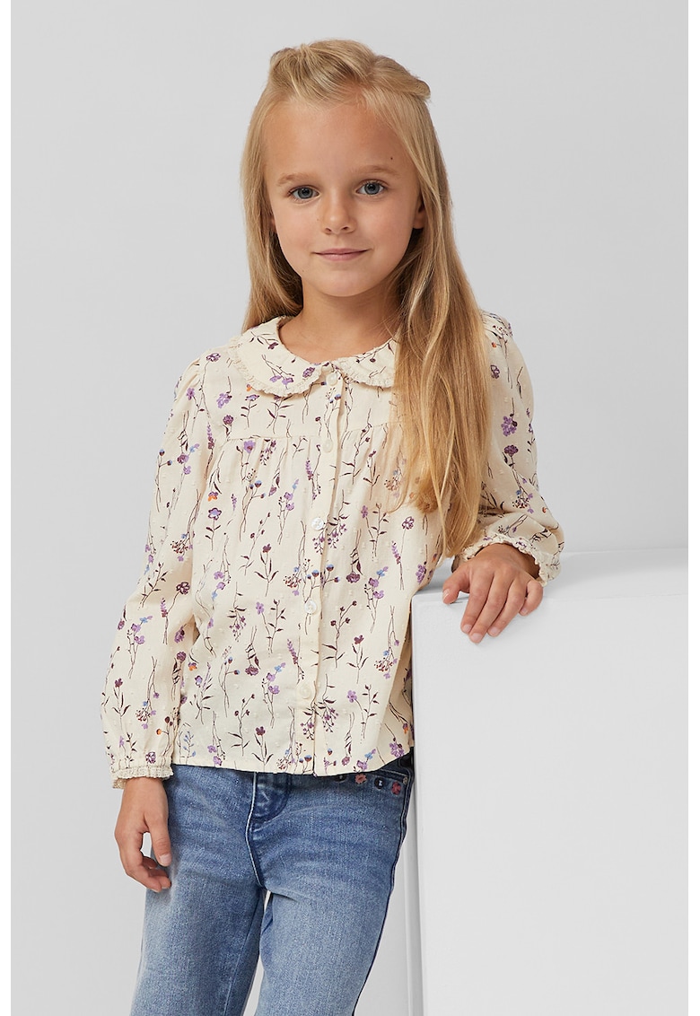 Oferte la Camasa cu guler cu volane si model floral - Bej/Violet tyrian