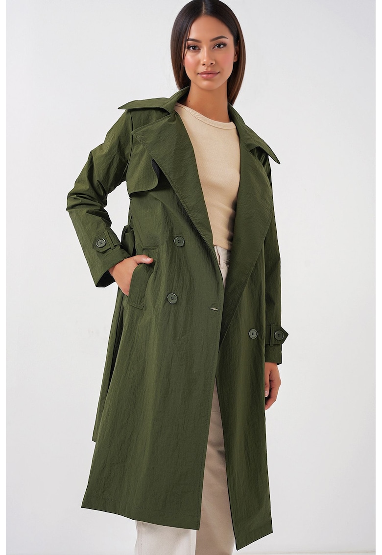 Oferte la Palton dama - HiCCUP - trench lung cu doua nasturi - kaki - poliamida