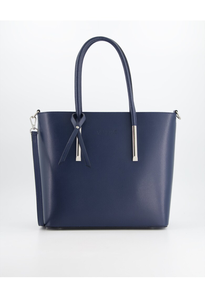 Geanta shopper  piele naturala - albastru - 29x30x12cm - 3 compartimente interioare - curea detasabila 121cm