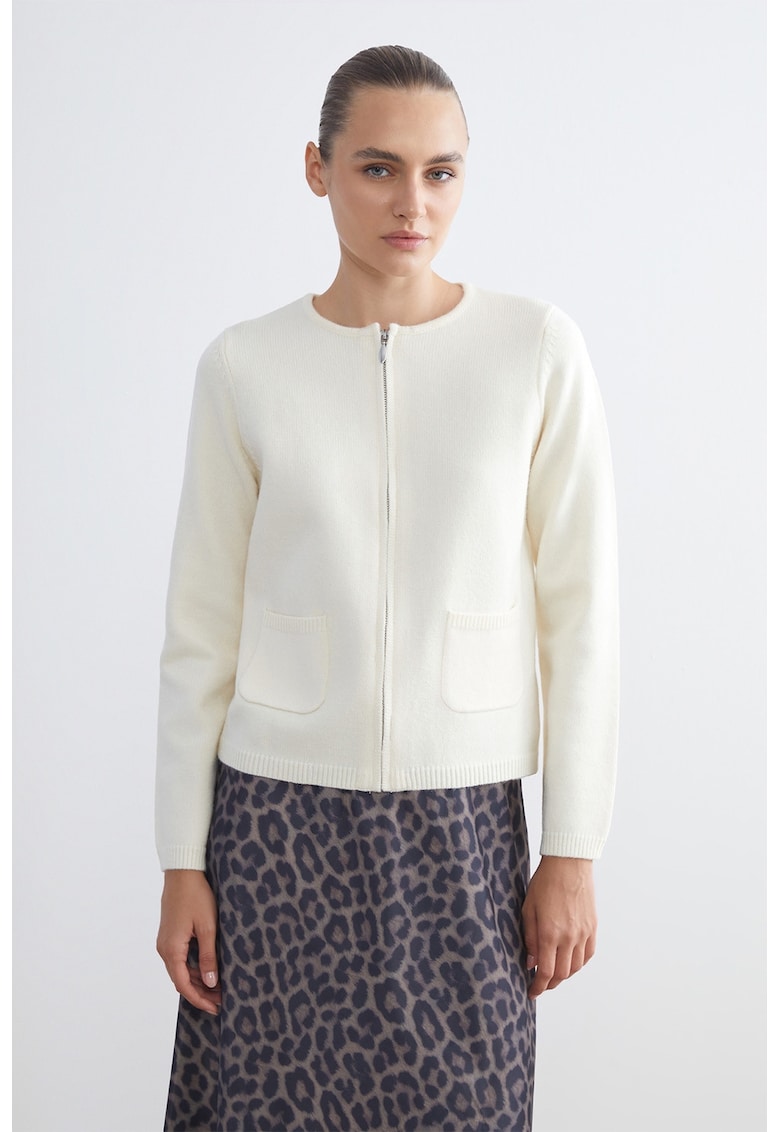 Oferte la Cardigan cu decolteu la baza gatului si fermoar - Crem