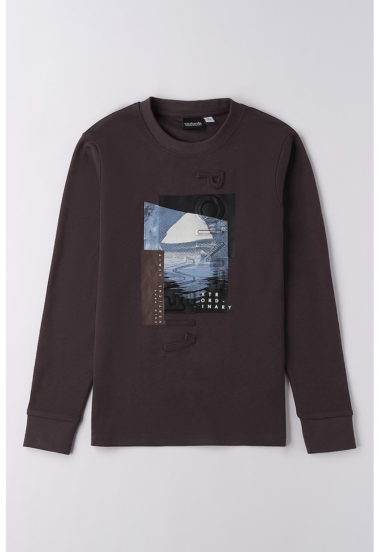 Oferte la Bluza de bumbac cu imprimeu grafic si decolteu la baza gatului - Alb/Maro cognac/Albastru lavanda