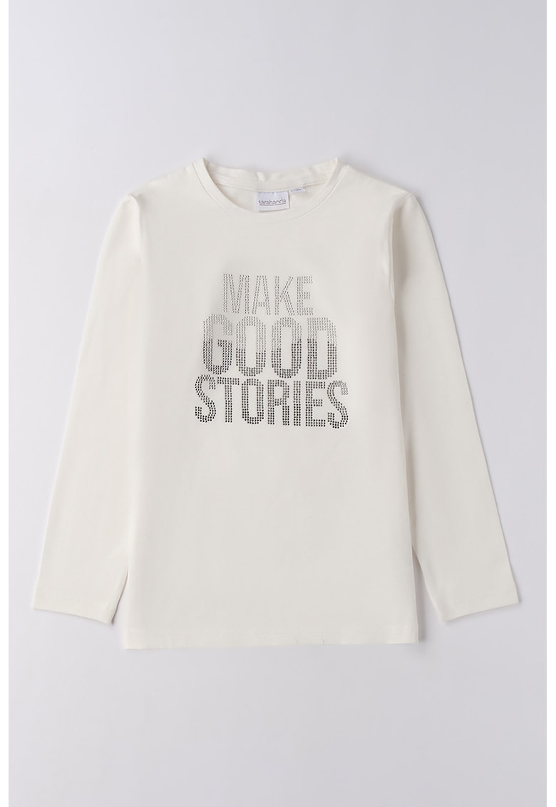 Oferte la Bluza din amestec de bumbac cu imprimeu text - Alb fildes/Argintiu inchis/Argintiu