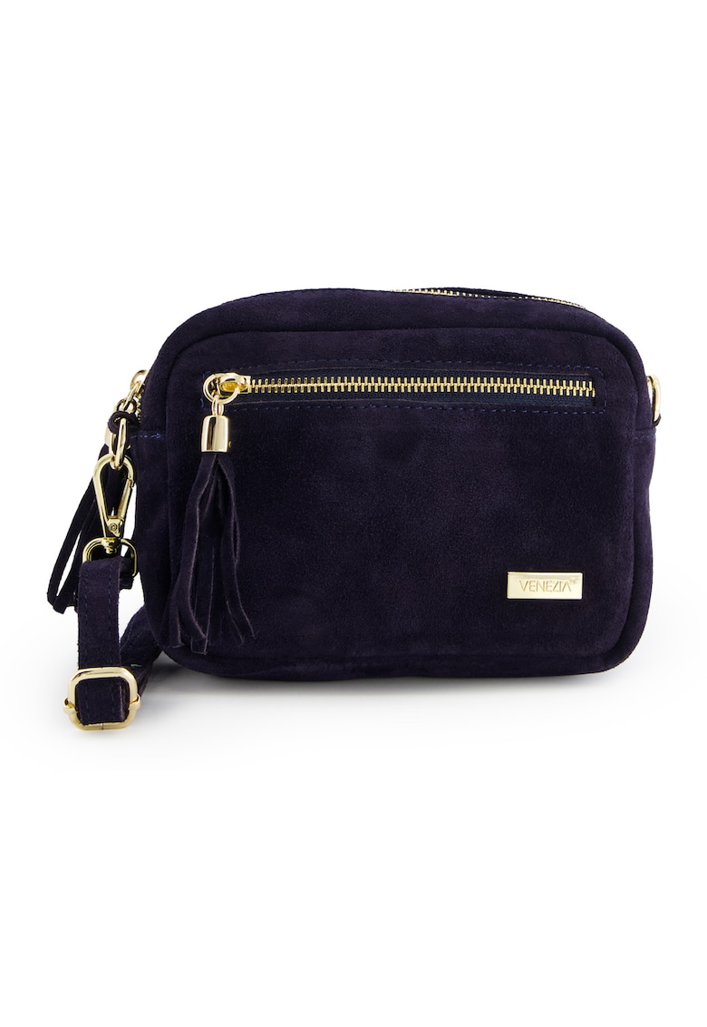 Oferte la Geanta messenger  din piele intoarsa albastra - cu franjuri - 14x20x7cm - curea detasabila max 129cm