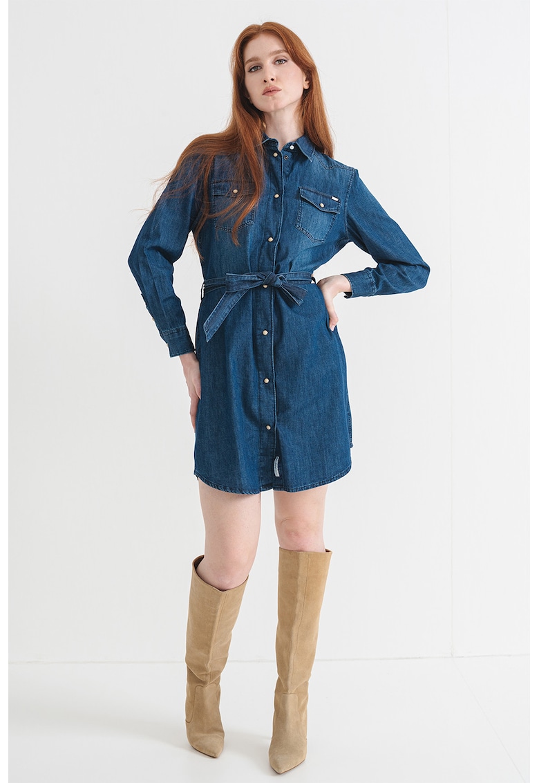 Oferte la Rochie de denim cu maneci lungi - Albastru inchis