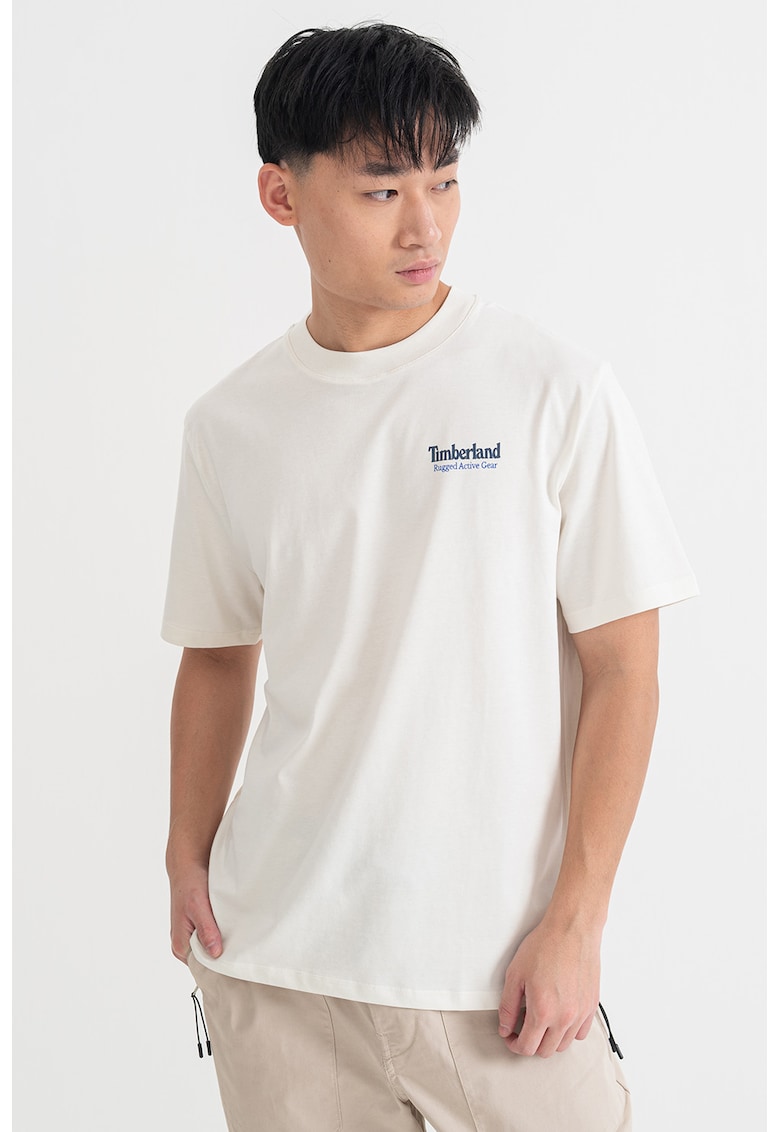 Oferte la Tricou de bumbac cu decolteu la baza gatului si logo - Alb fildes/Bleumarin