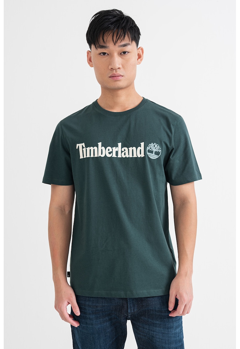 Oferte la Tricou cu decolteu la baza gatului si imprimeu logo Linear - Verde inchis/Alb murdar