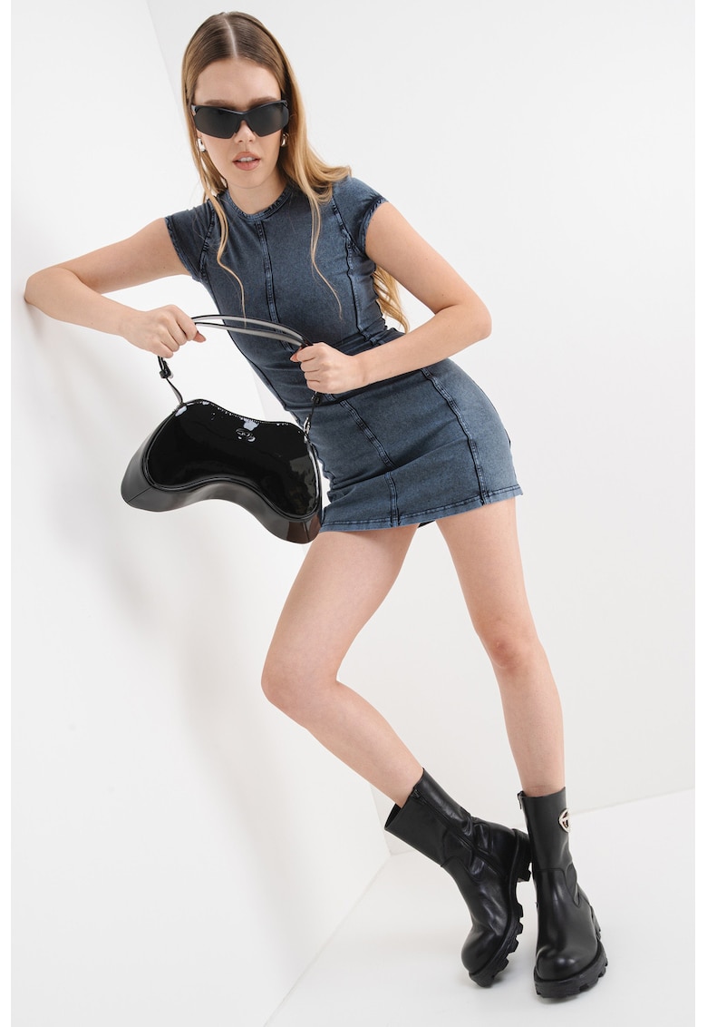 Oferte la Rochie din material Chambray cu maneci scurte - Albastru ultramarin/Albastru prafuit