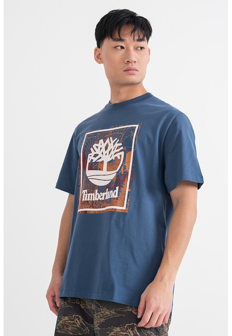 Oferte la Tricou cu imprimeu grafic si logo - Alb/Albastru inchis/Portocaliu stins