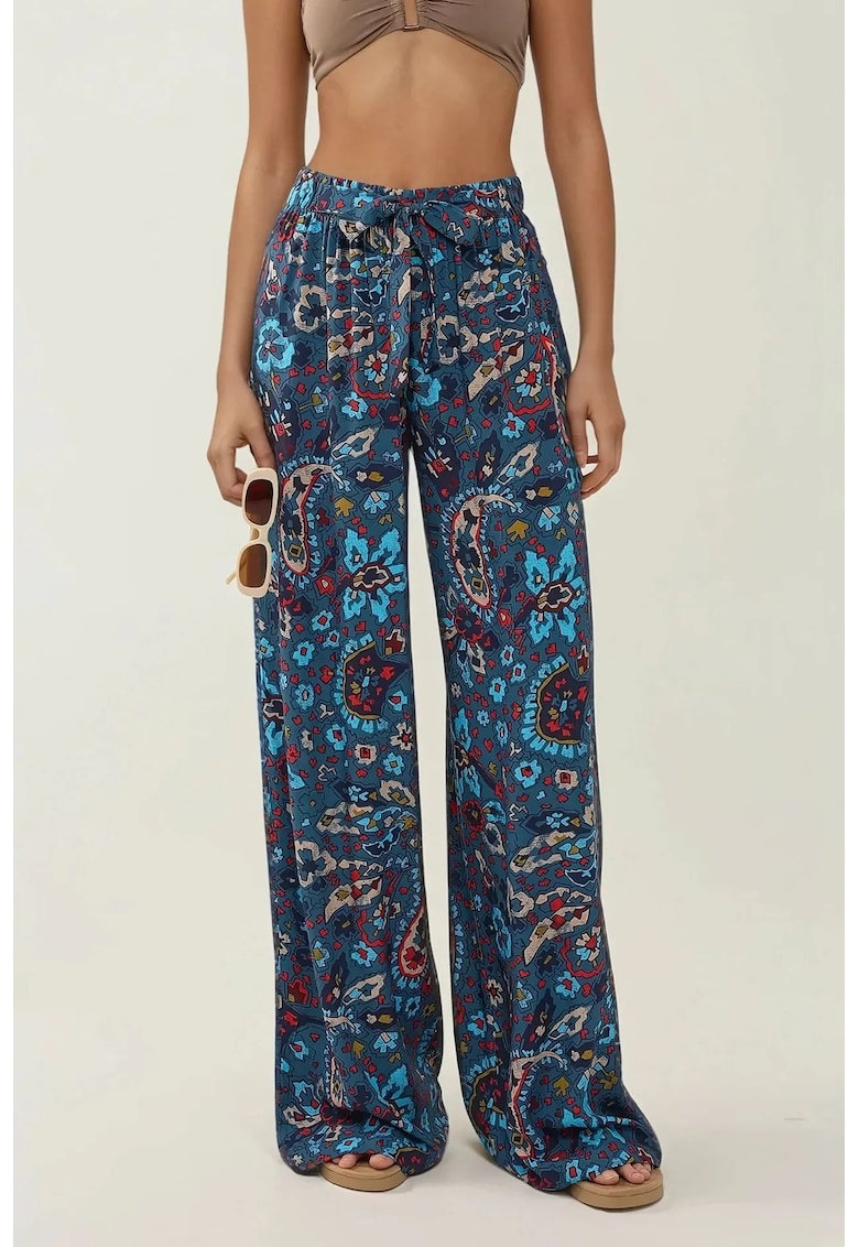 Oferte la Pantaloni dama -  cu imprimeu - talie elastica - albastru - bumbac