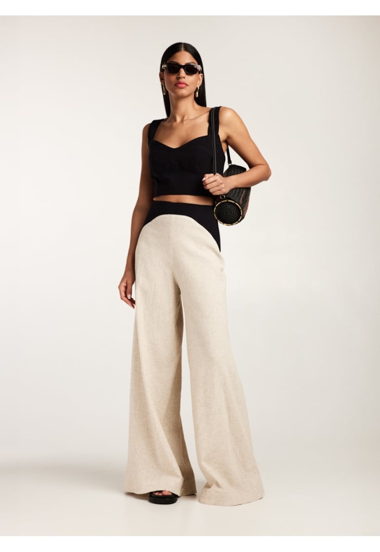 Oferte la Set de top crop si pantaloni cu croiala ampla Doha - Bej