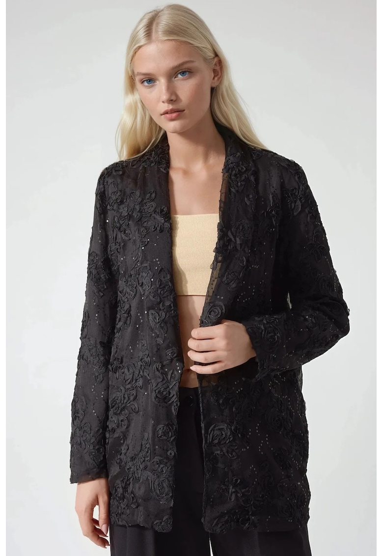 Oferte la Sacou dama -  lung - model floral - negru - poliester