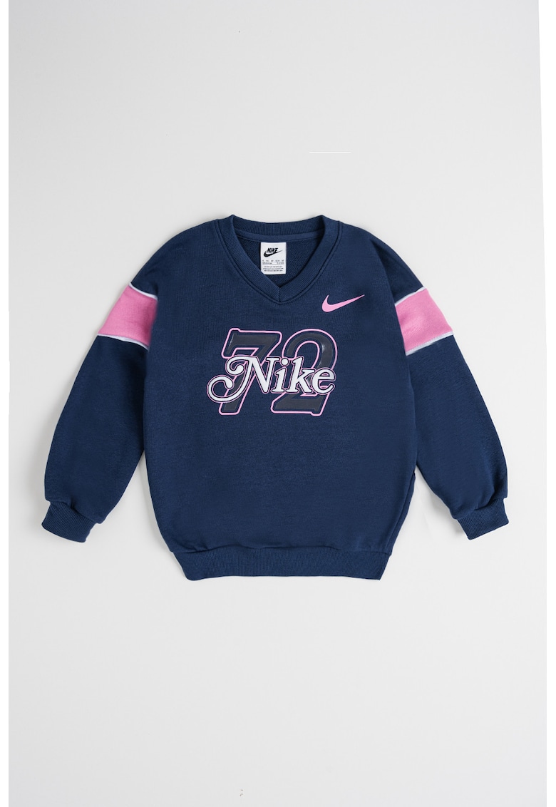 Oferte la Bluza de trening cu imprimeu logo si decolteu in V - Roz/Bleumarin